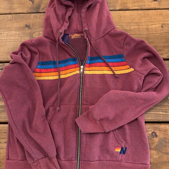 AVIATOR NATION 5 STRIPE ZIP HOODIE - RED PLUM SIZE S EXCELLENT CONDITION - Picture 2 of 4